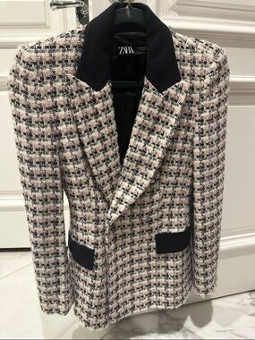 ZARA Cream, Black & Pink Tweed Blazer